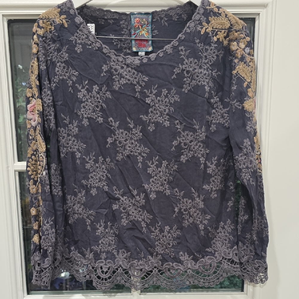 Johnny Was Gray/ Pink Lace Embroidered Long Sleeve Top